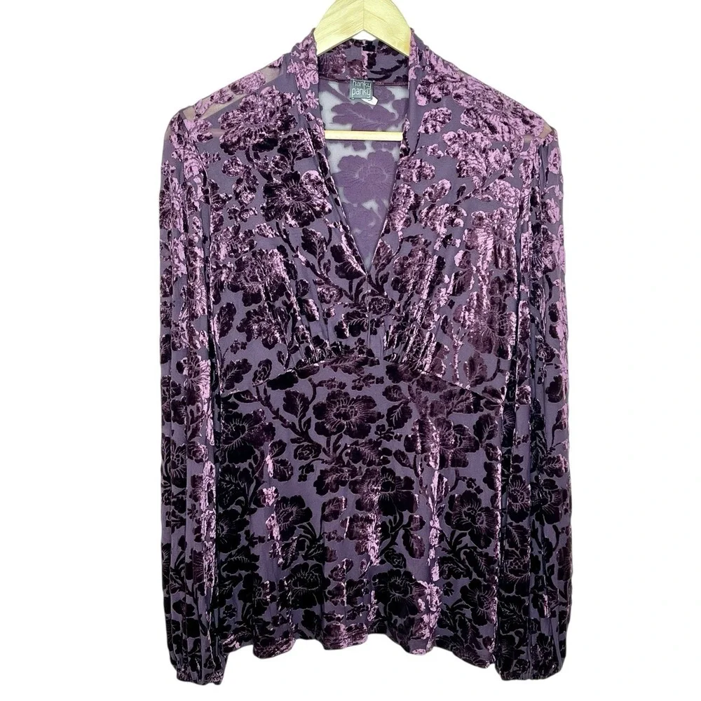 Hanky Pinky Y2K Velvet Burnout Babydoll Top Purple Womens Small Whimsigoth Fairy
